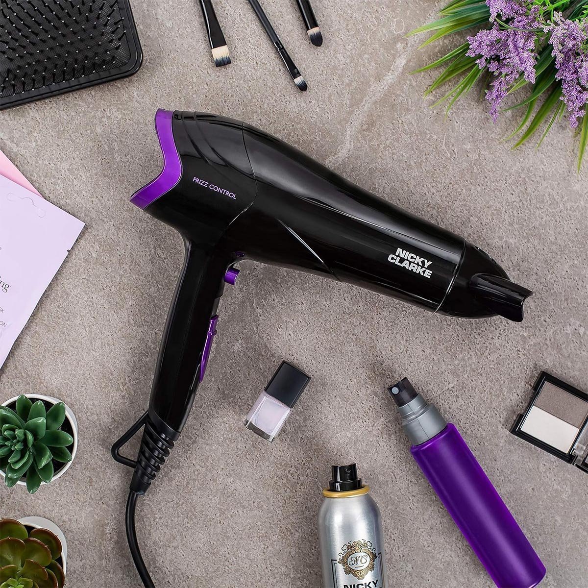 Nicky Clarke 2200W Lightweight Frizz Control Fast Dry DC Ionic Hair Dryer, 2 Heat & Speed Settings, Cool Shot, 2m Salon Length Cable with Hanging Loop - NHD177, Black 7 Purple - Image 2